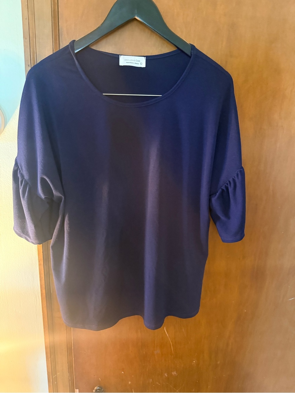 Exclusive One Navy Short-Sleeve Crewneck with Gathered Sleeves
